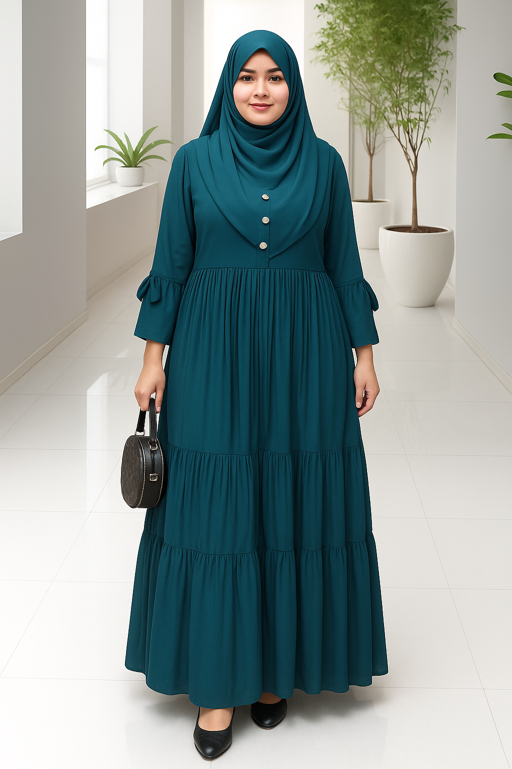 Teal Pleated Burka with Elegant Button Detail