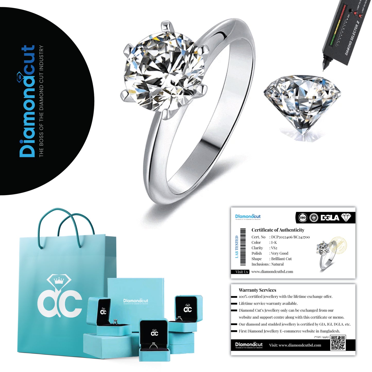 3.00ct Real Diamond Cut Finger Ring- Adjustable