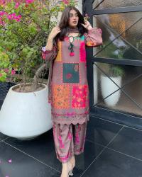 Magenta Printed Three Piece Suit