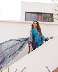 Blue Printed Lawn Three Piece