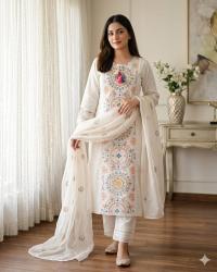 Ivory Floral Embroidered Three Piece
