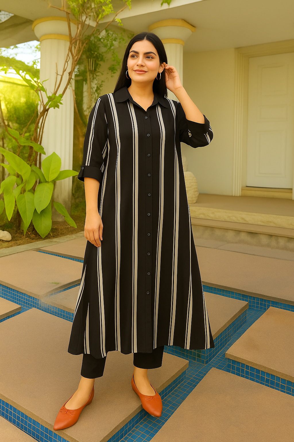 ব্ল্যাক অ্যান্ড হোয়াইট স্ট্রাইপড কটন কুর্তি