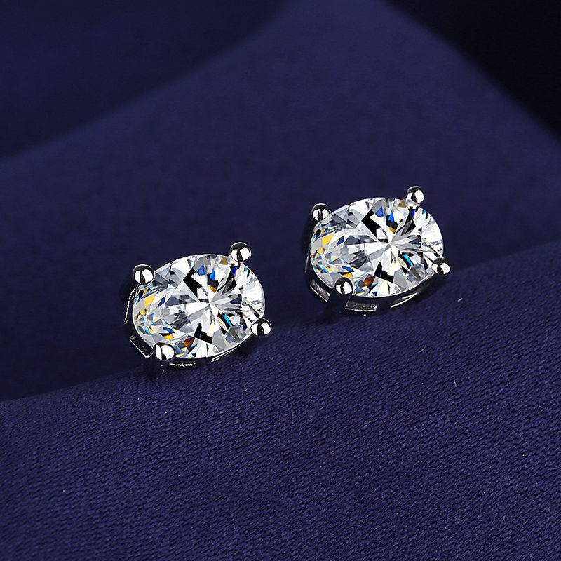 925 Silver Plate Mossanaite Diamond Cut Simple Oval Shape Earrings