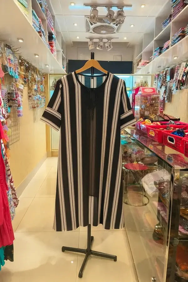 Black and White Striped Cotton Kurti displayed on mannequin