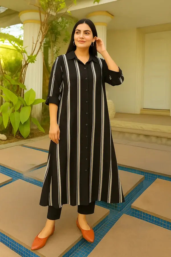 Woman wearing Black and White Striped Cotton Kurti