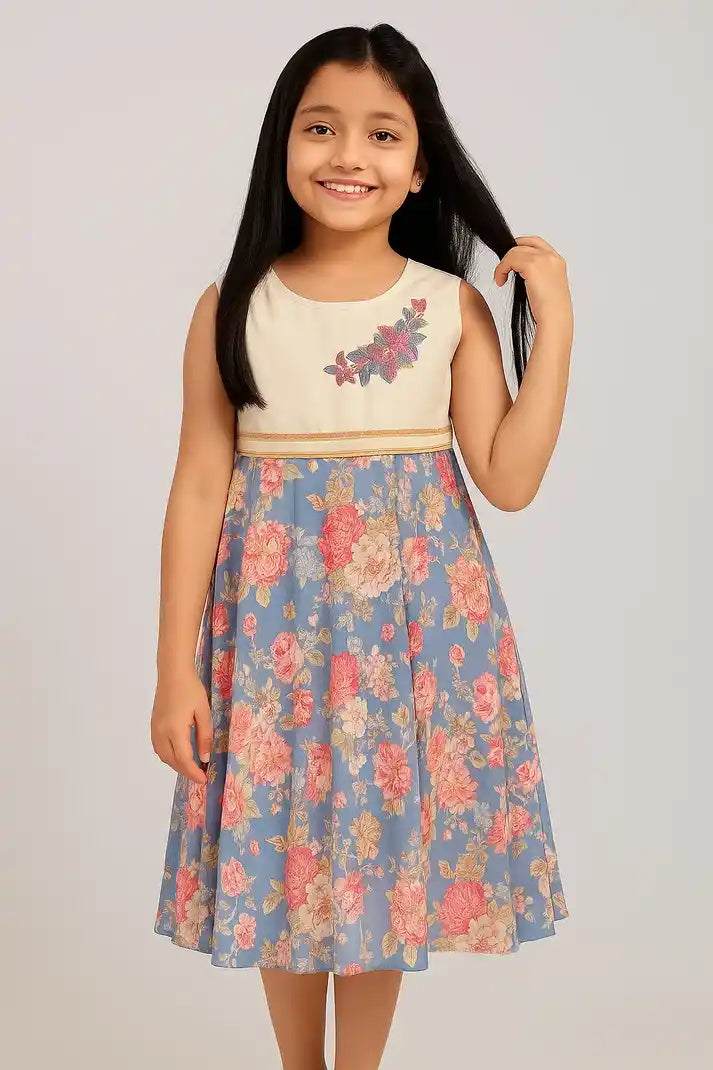 Girl wearing Blue Floral Grace Kids Frock