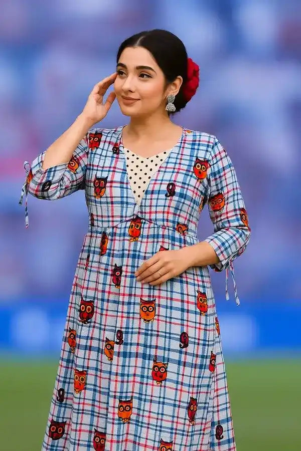 Woman wearing Colorful Check Printed Cotton Kurti