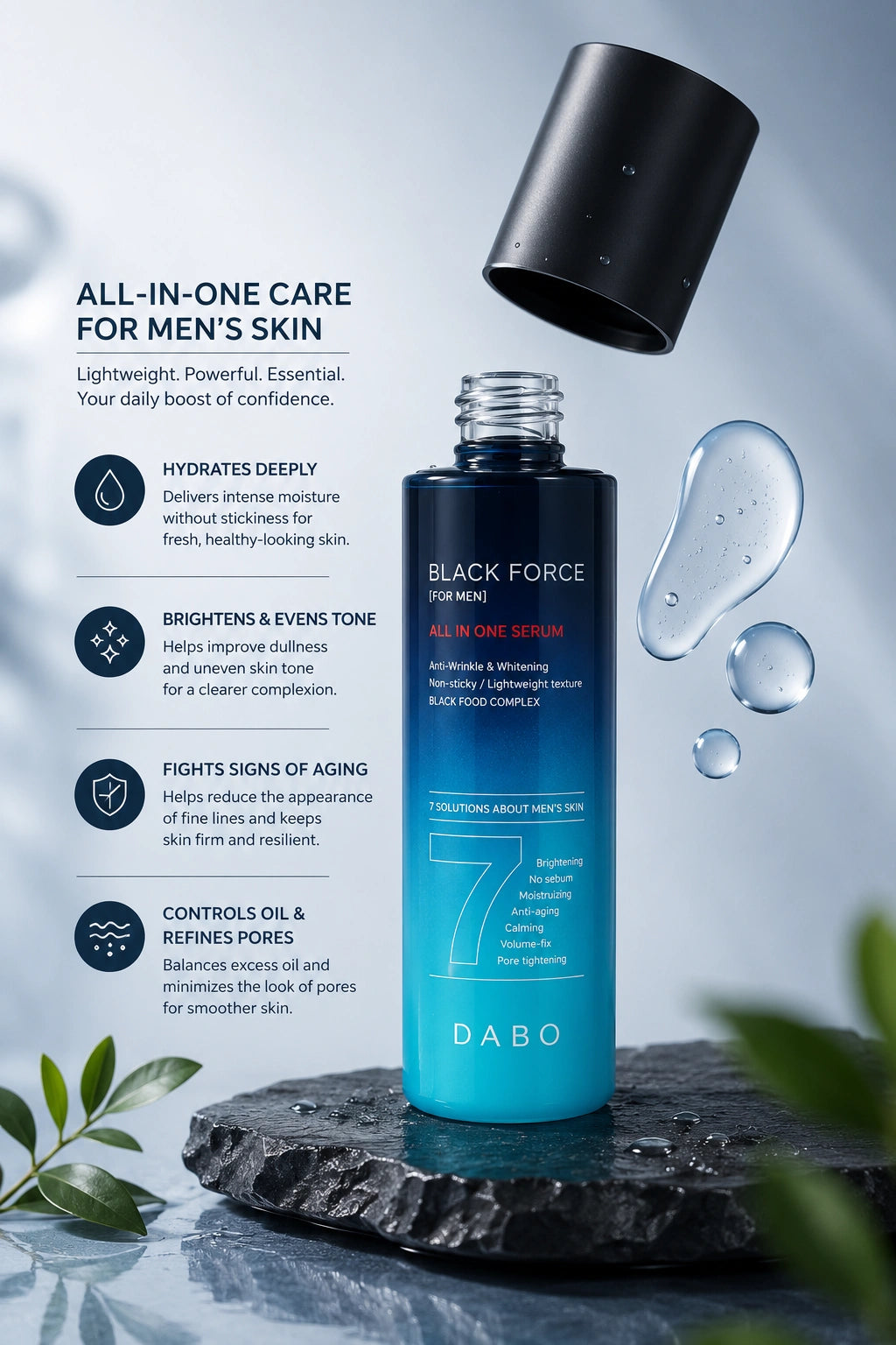 Key benefits of Dabo Black Force For Men All In One Serum for hydration, skin revitalization, and healthier-looking men's skin