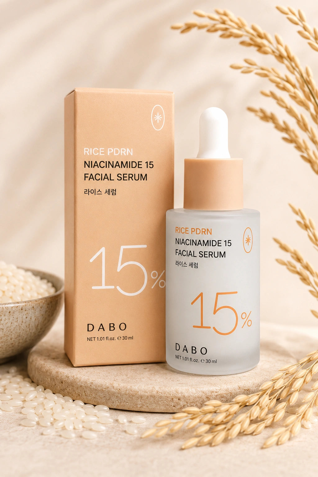 Close-up view of Dabo Rice PDRN Niacinamide 15 Facial Serum highlighting the original bottle and premium packaging details