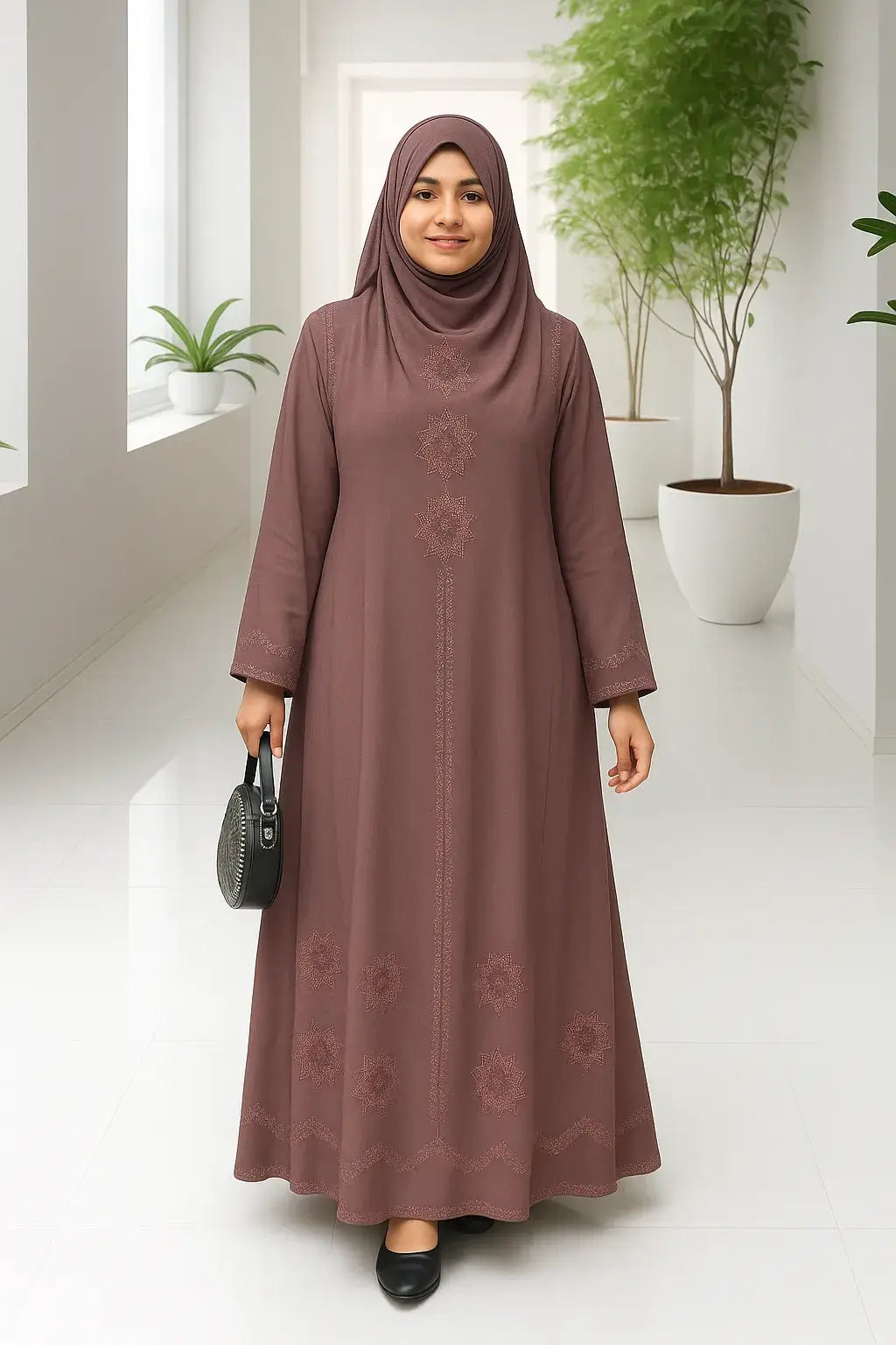 Woman wearing Mauve Burka with Intricate Floral Embroidery