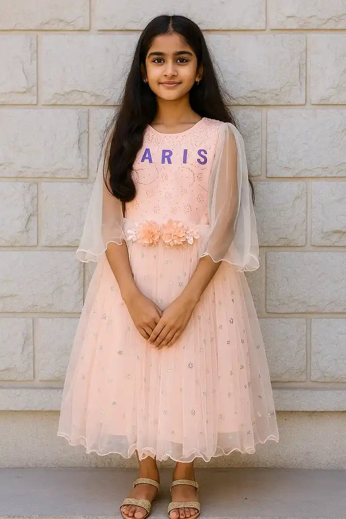 Girl wearing Peach Elegance Kids Frock