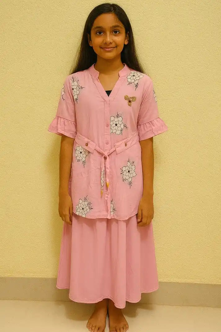 Girl wearing Pink Grace Kids Long Dress with floral details