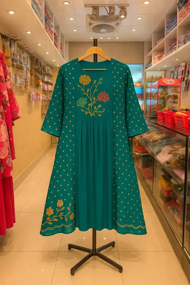 Premium Cotton Embroidery Kurti displayed on mannequin