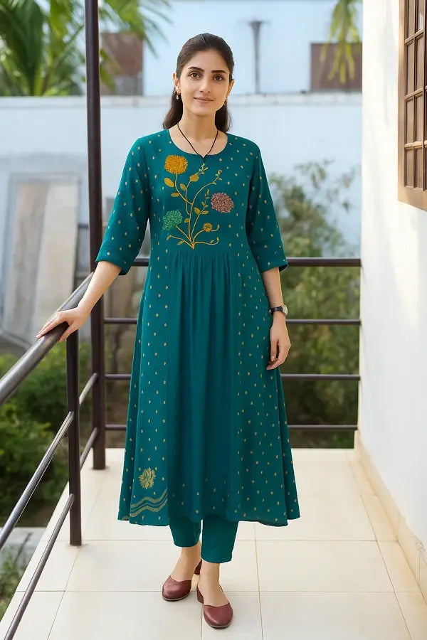 Woman wearing Premium Cotton Embroidery Kurti