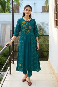 Woman wearing Premium Cotton Embroidery Kurti