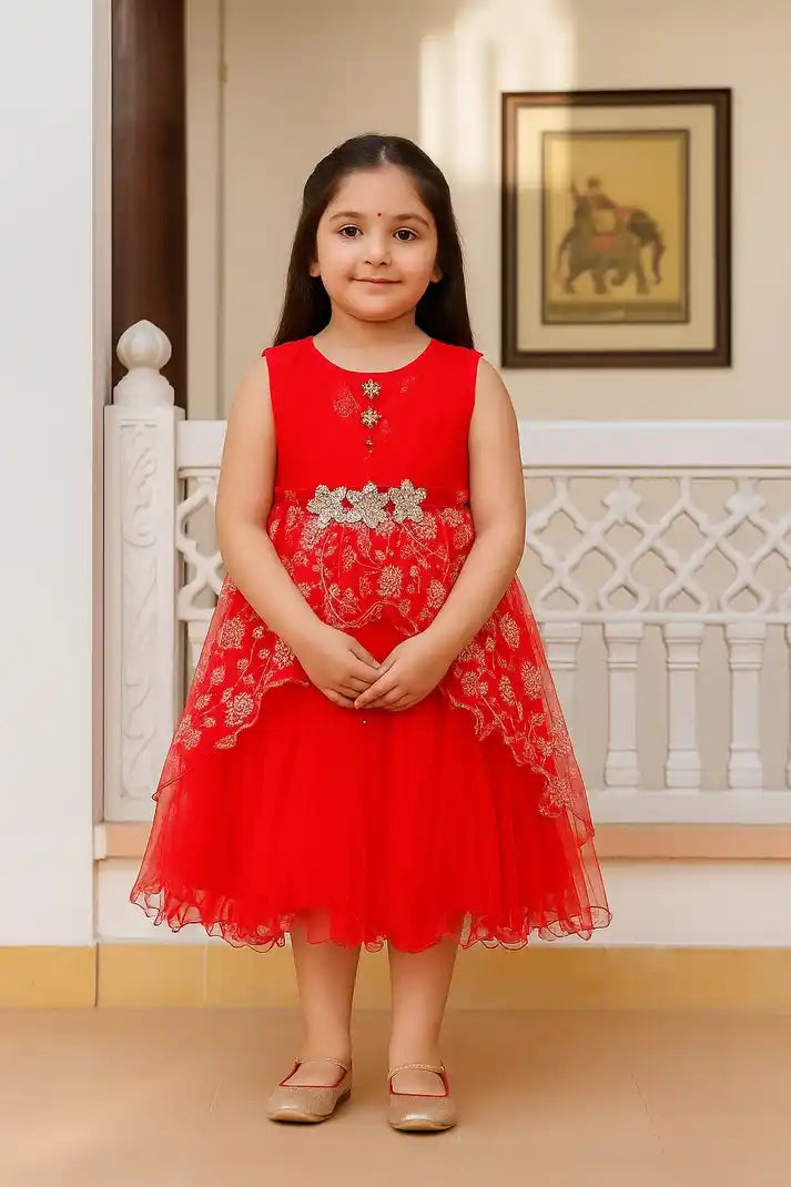 Girl wearing Red Royal Kids Frock with floral embroidery