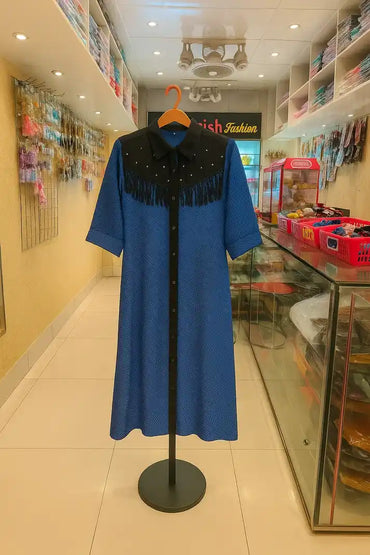 Royal Blue Cotton Kurti displayed on hanger