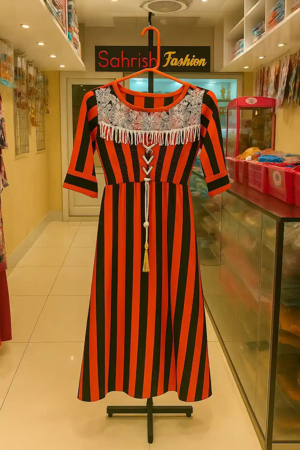 Royal Stripe Cotton Gown displayed on hanger