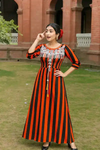Woman wearing Royal Stripe Cotton Gown