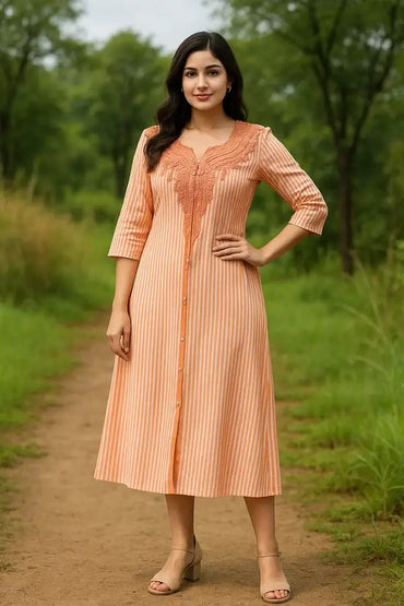 Woman wearing Rustic Elegance Striped Cotton Kurti outdoors