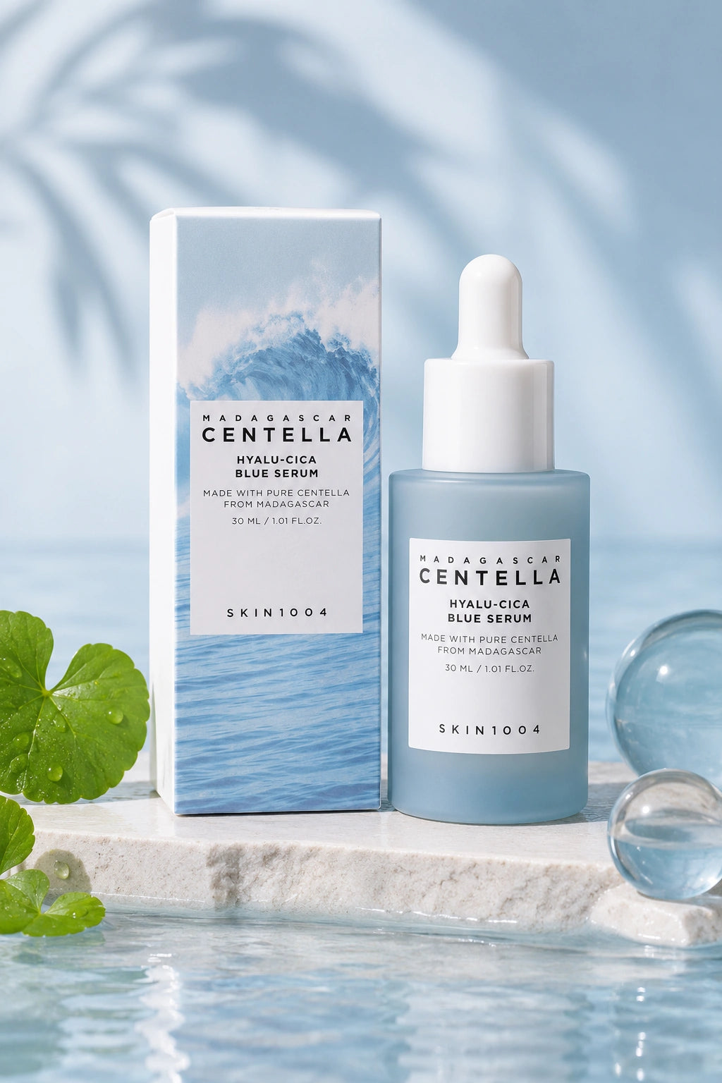 Original SKIN1004 Madagascar Centella Hyalu-Cica Blue Serum retail box with authentic branded packaging