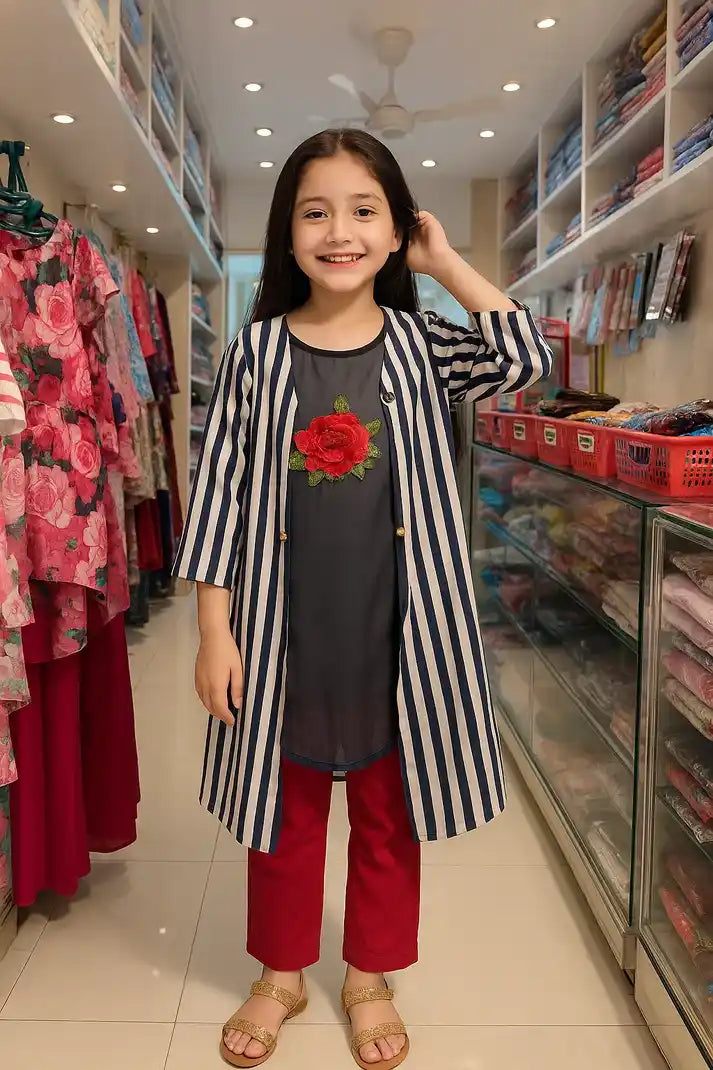 Girl wearing Stylish Kids Koti Dress with striped outer layer