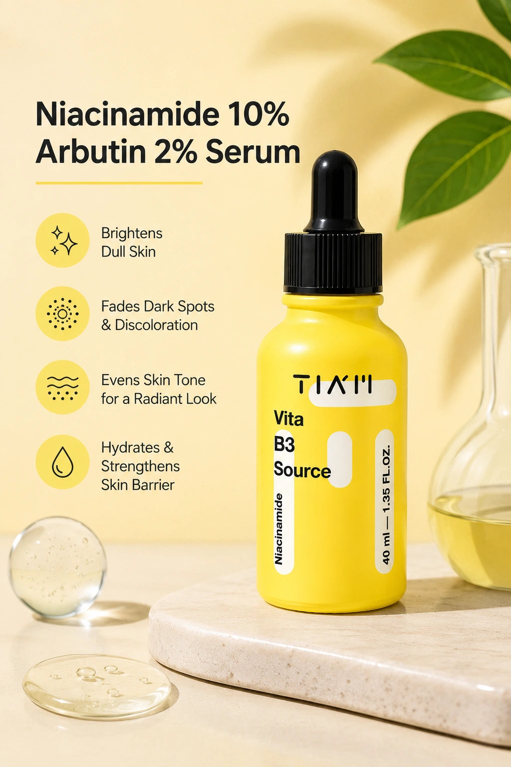 Key benefits of TIA'M Vita B3 Source for brightening dull skin, fading dark spots, improving uneven skin tone, and promoting a radiant complexion